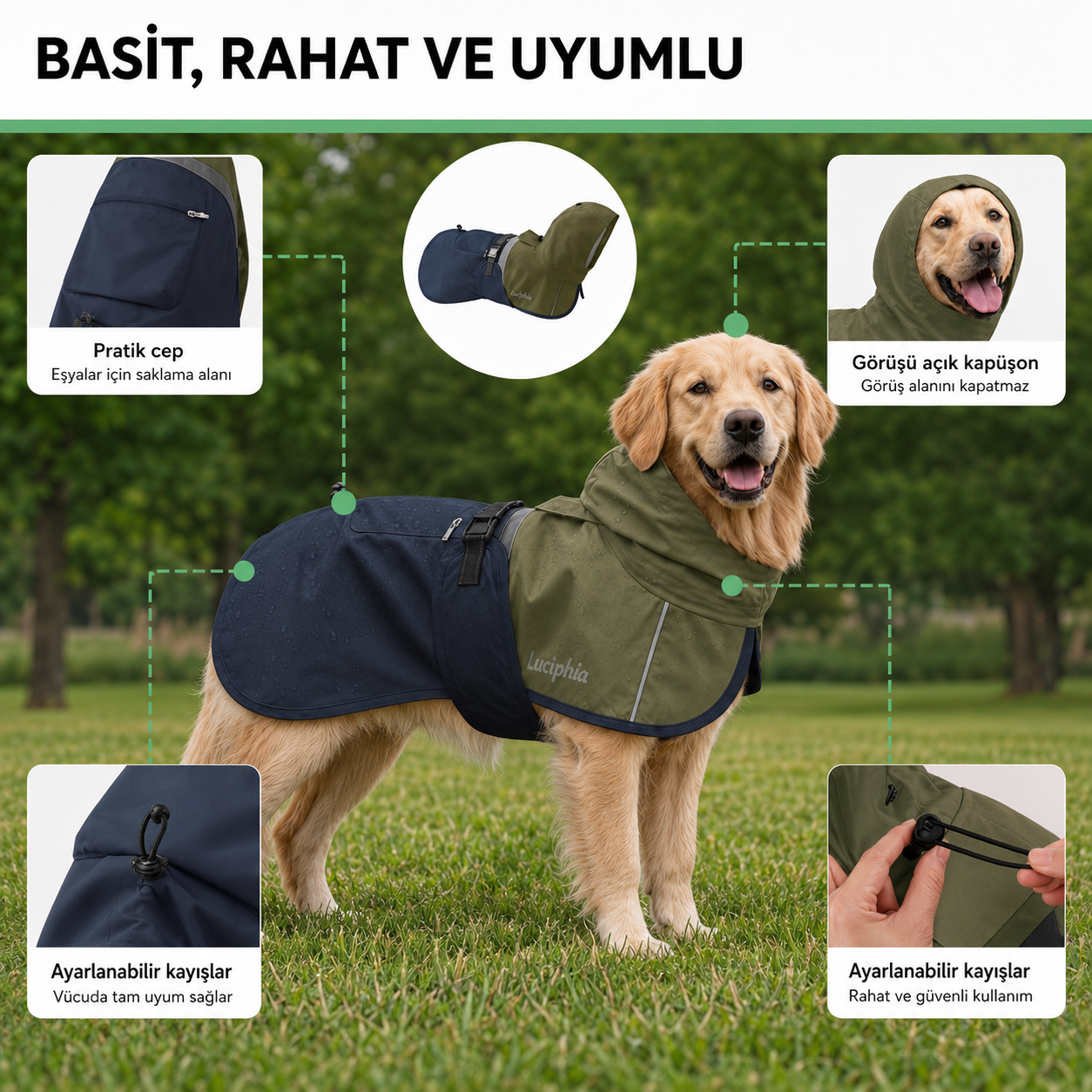 Ayarlanabilir Kapüşonlu Reflektif Köpek Yağmurluğu